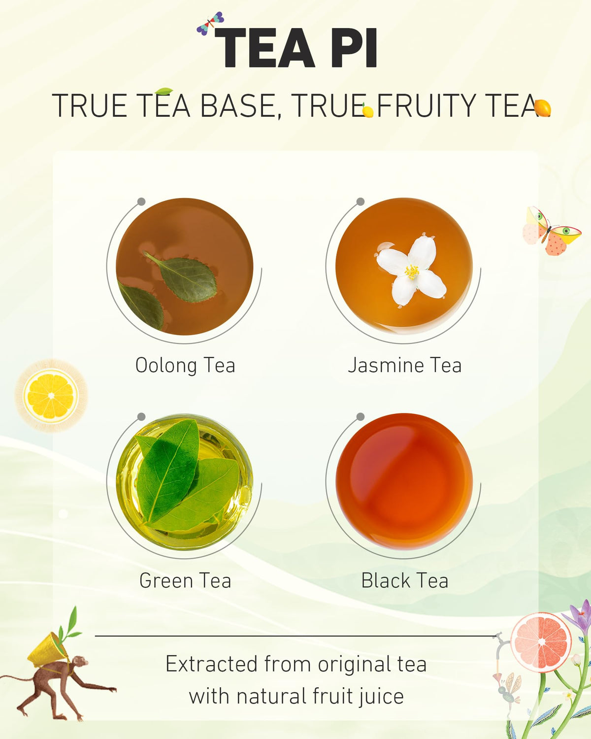Tea PI Iced Tea – Jasmine Green Tea with Grapefruit, Real Juice, 16.9 fl oz (500 mL), 15 Pack