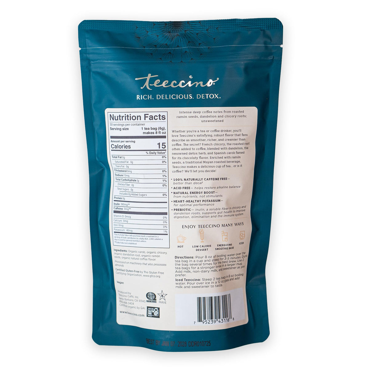 Teeccino Dandelion Herbal Tea – Dark Roast, Caffeine Free, 50 Tagless Eco-Friendly Tea Bags