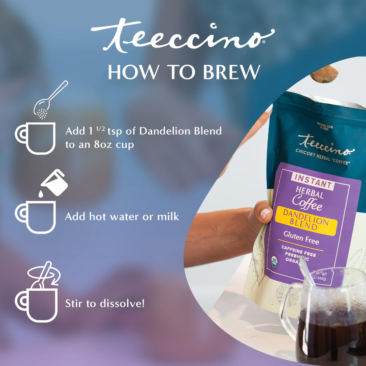 Teeccino Instant Organic Dandelion Blend – Gluten-Free, Caffeine-Free, Prebiotic, Acid-Free (104 Servings)