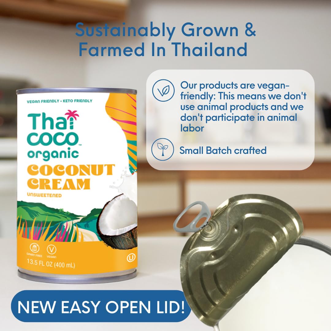 Thai Coco Organic Coconut Cream – Full Fat Unsweetened Heavy Cream, 13.5 fl oz, 6 Pack