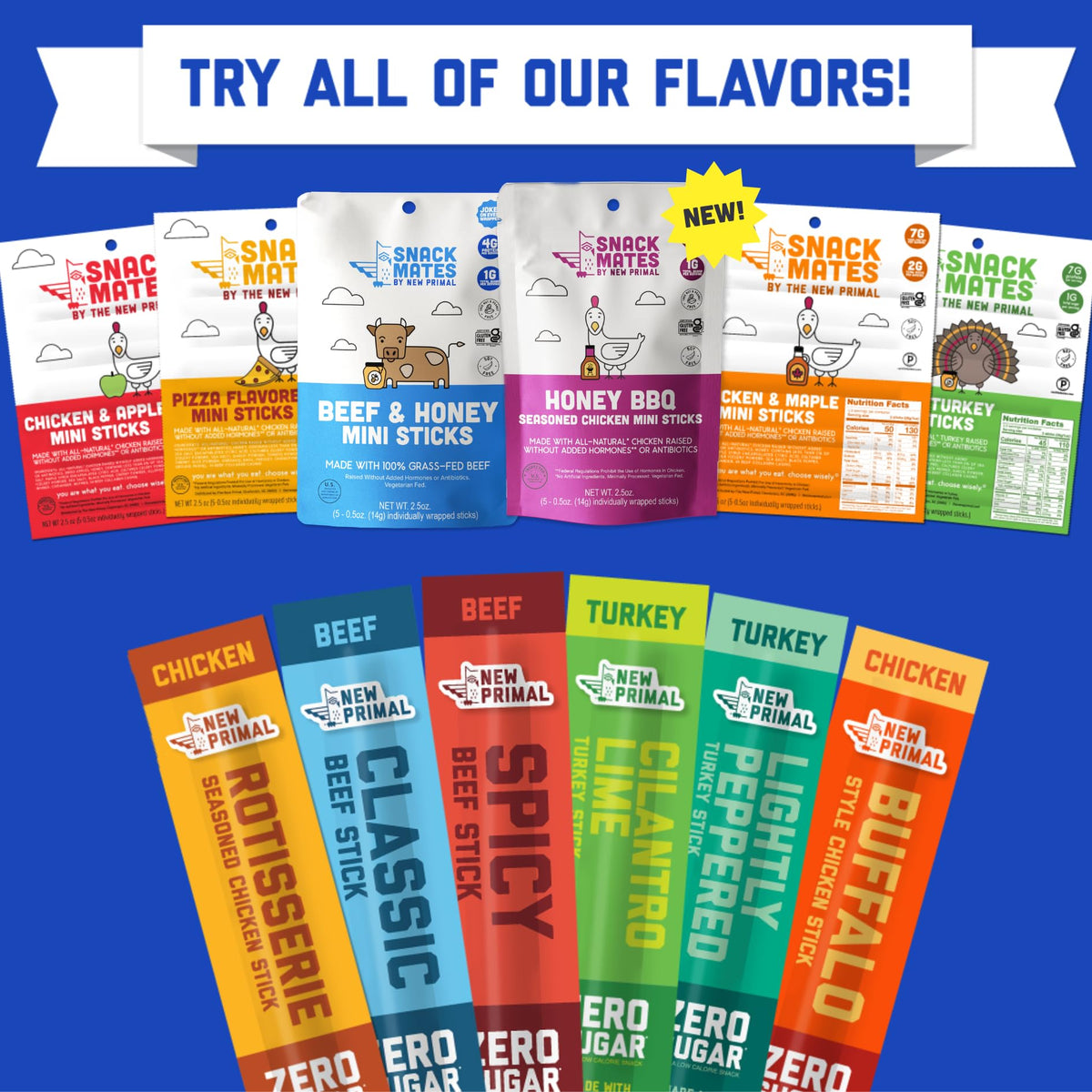 Snack Mates by New Primal Sampler – Mini Chicken Sticks (Three Flavors) 15 Count | Gluten Free, Paleo, High Protein