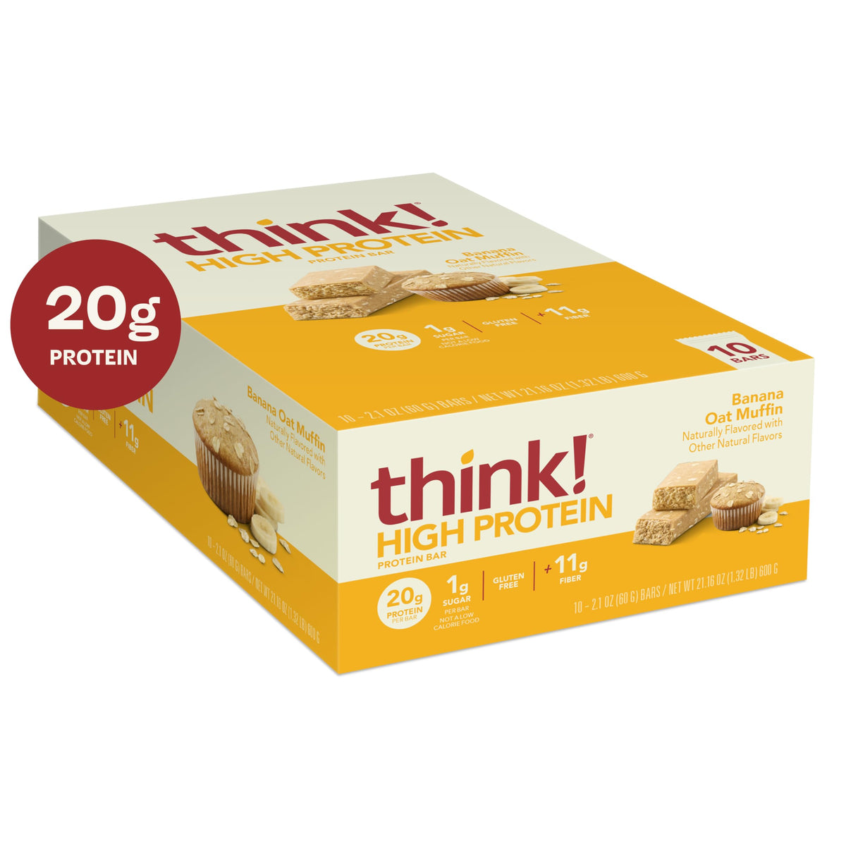 think! Banana Oat Muffin Bar – Gluten Free, 20g Protein, 11g Fiber, 1g Sugar | 10 Count