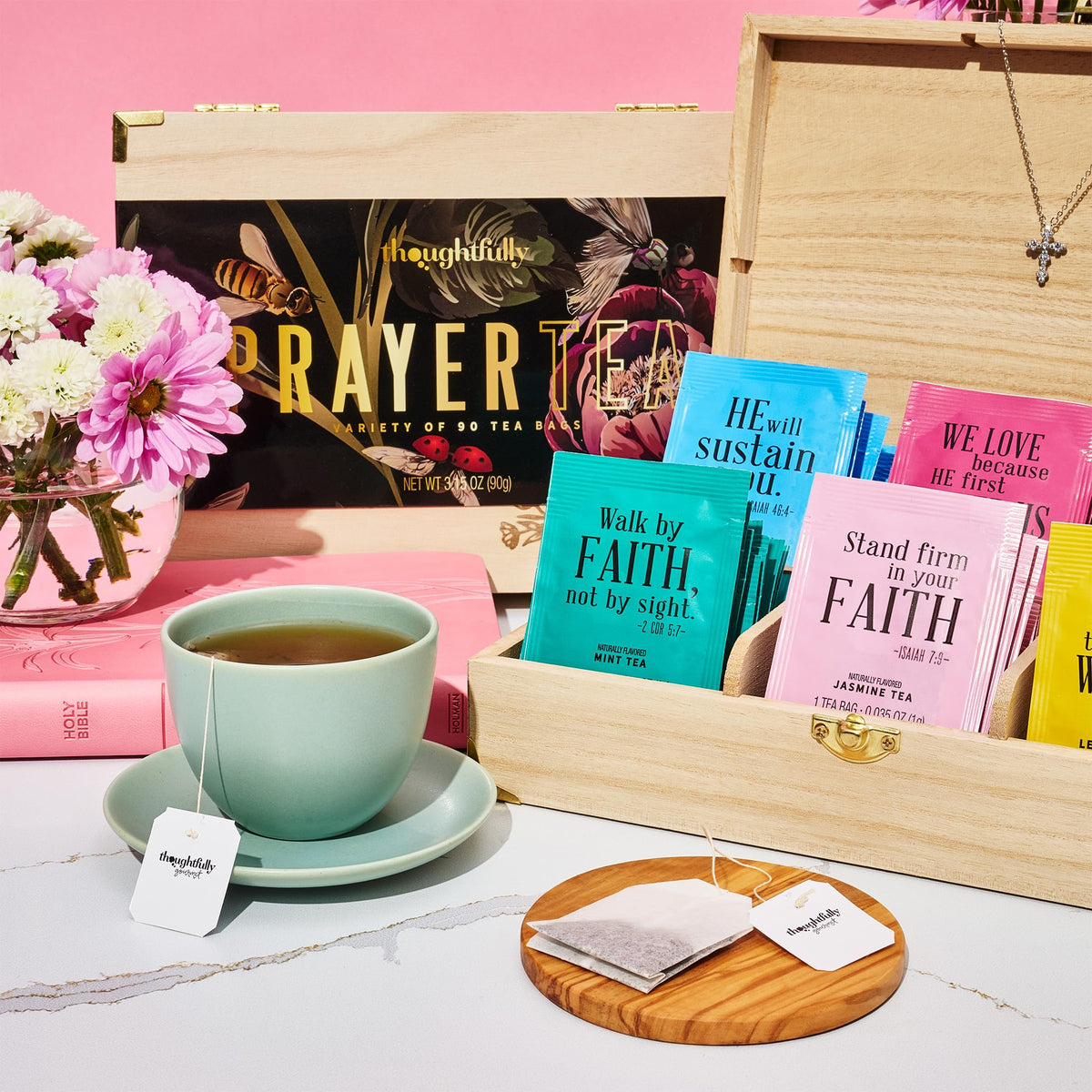 Thoughtfully Gourmet Christian Prayer Tea Gift Set – 90 Teas, 6 Flavors, Wooden Box