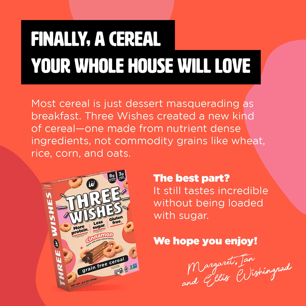 Three Wishes Grain-Free Protein Breakfast Cereal – Cinnamon, 8g Protein, 3g Sugar, 6-Pack
