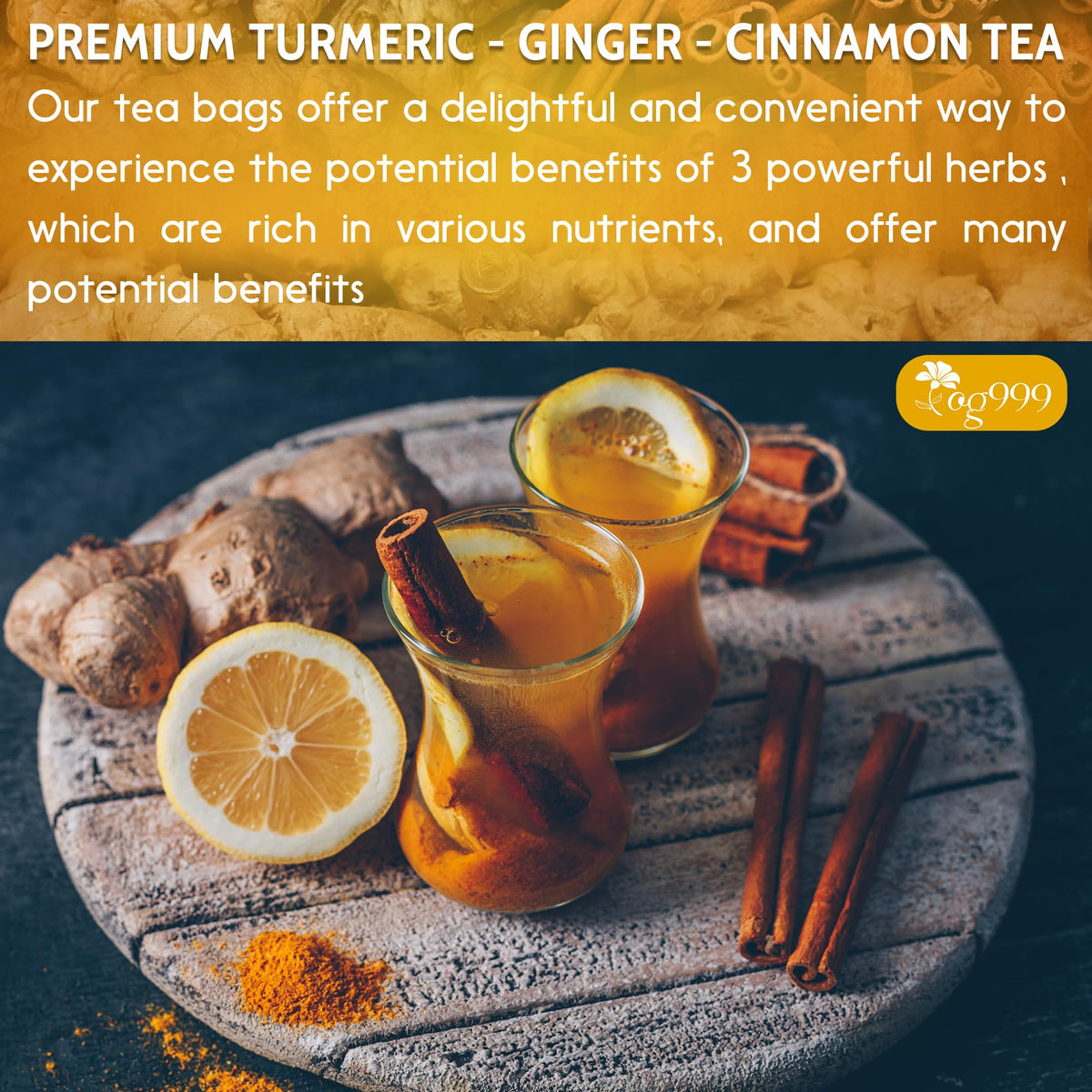 TOG999 120 Bags Premium Turmeric Ginger Cinnamon Tea – Digestive Comfort, Brain Support, Restful Sleep