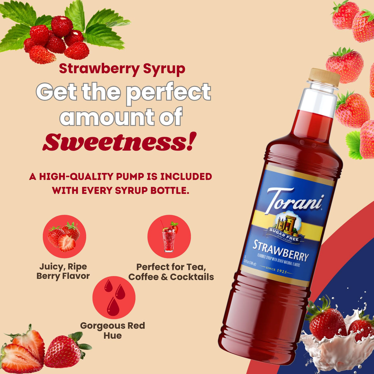Torani Sugar Free Strawberry Syrup 1 Liter Bottle with Pump – Zero Calorie Keto-Friendly Flavoring