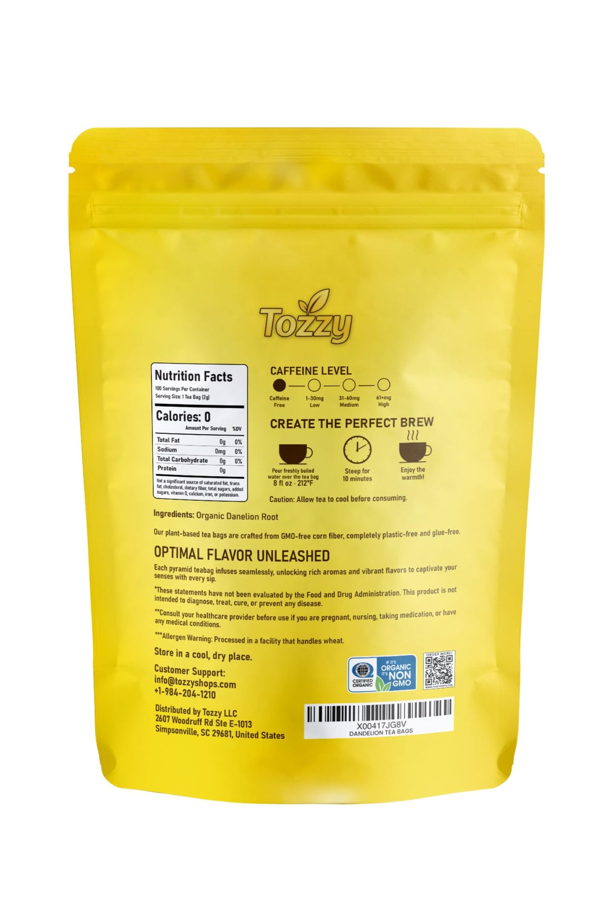 TOZZY Organic Dandelion Tea – 100 Count Pyramid Teabags | Plant-Based, Packaging May Vary