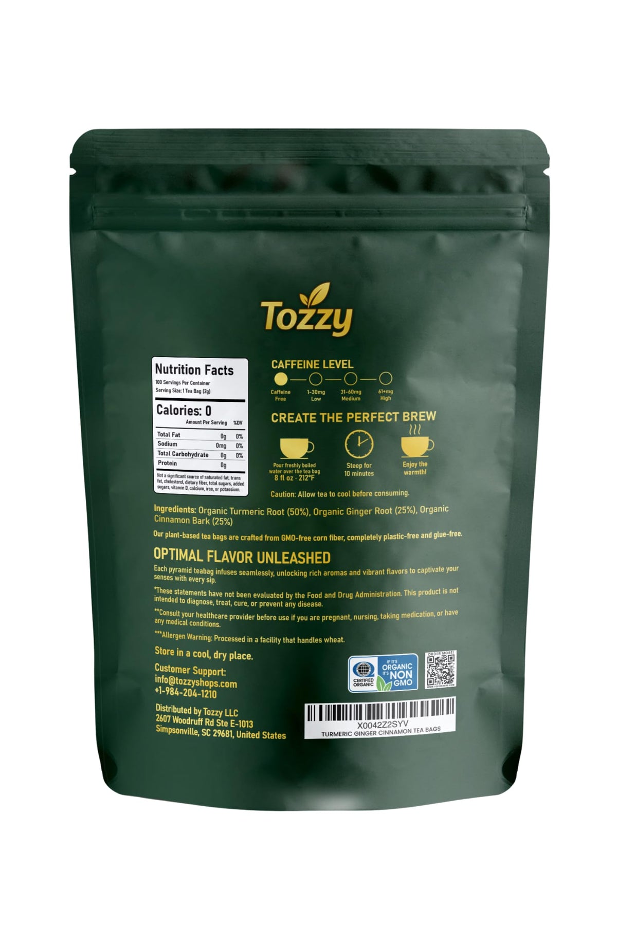 TOZZY Organic Turmeric Ginger Cinnamon Tea – 100 Pyramid Tea Bags (Plant-Based)
