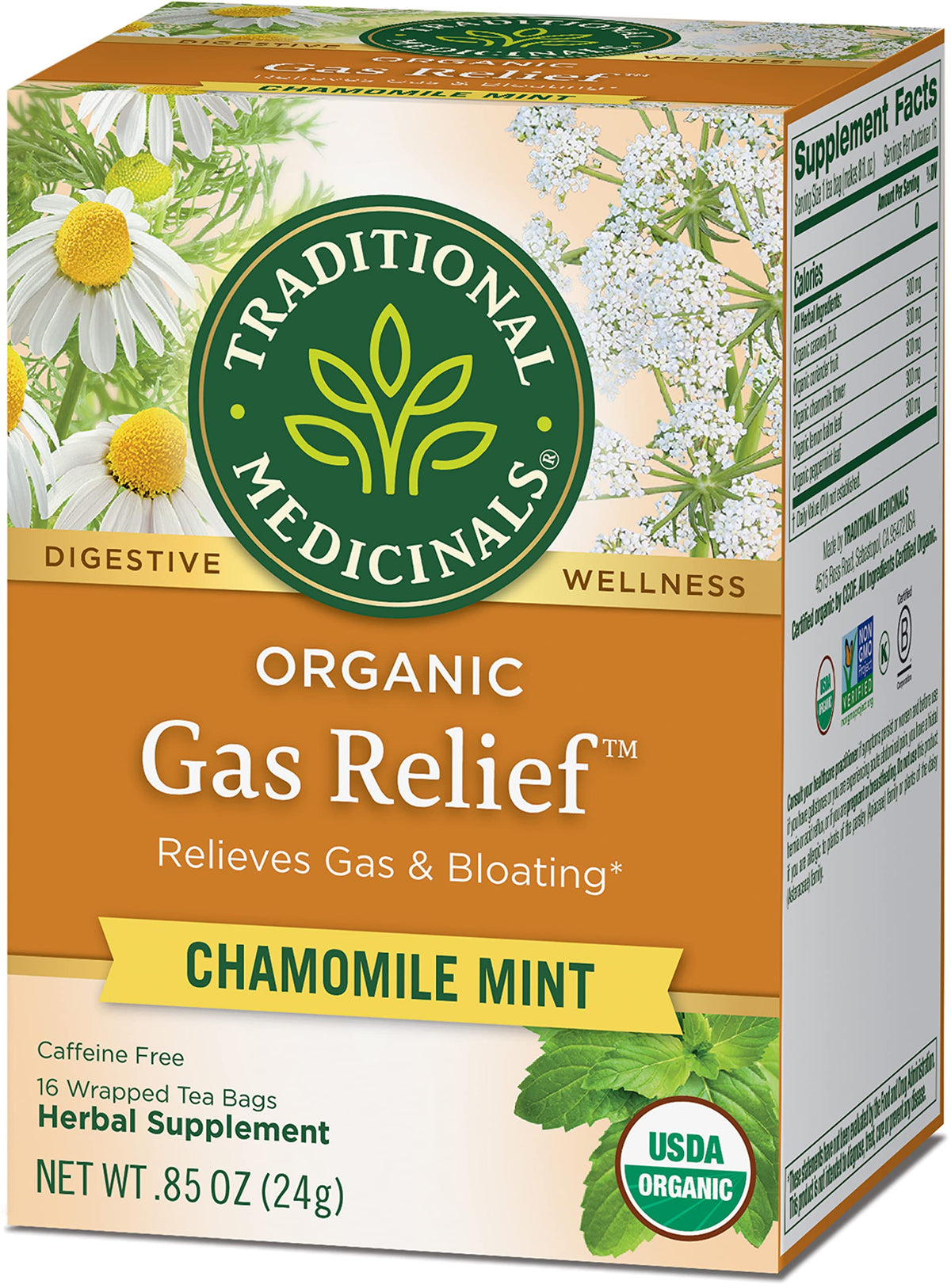 Traditional Medicinals Organic Gas Relief Chamomile Mint Tea – Pack of 3 (48 Tea Bags)