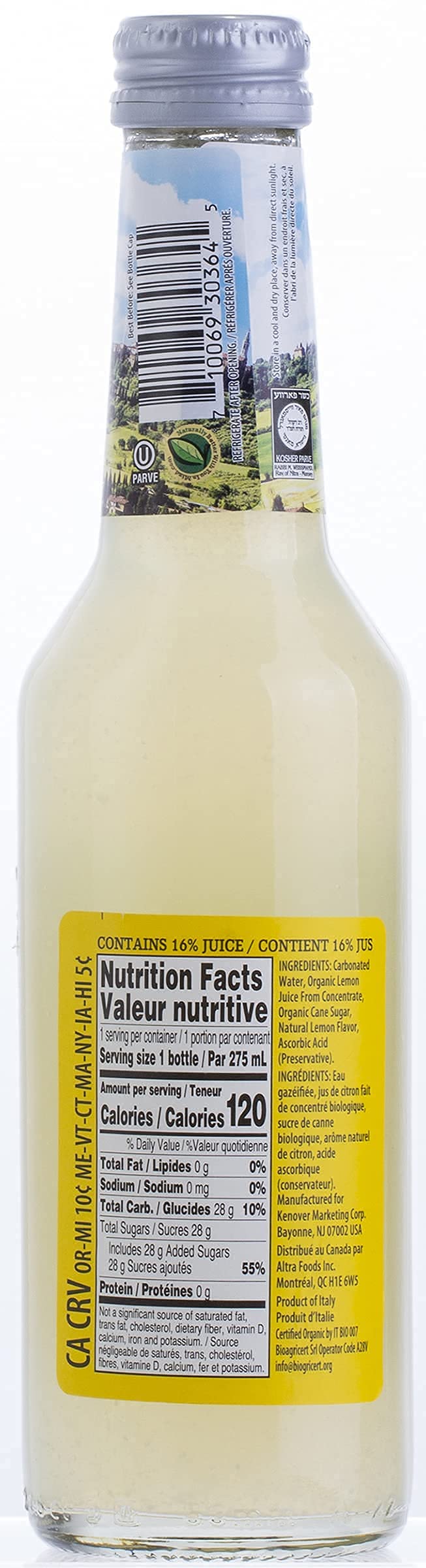 Tuscanini Organic Cold Pressed Sparkling Lemon Soda (6 Pack) – 16% Real Juice, No Artificial Colors or Flavors, Product of Italy