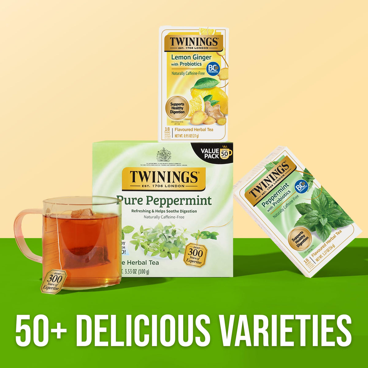 Twinings Peppermint with Probiotics Herbal Tea – 96 Teabags, Caffeine-Free Digestive Support