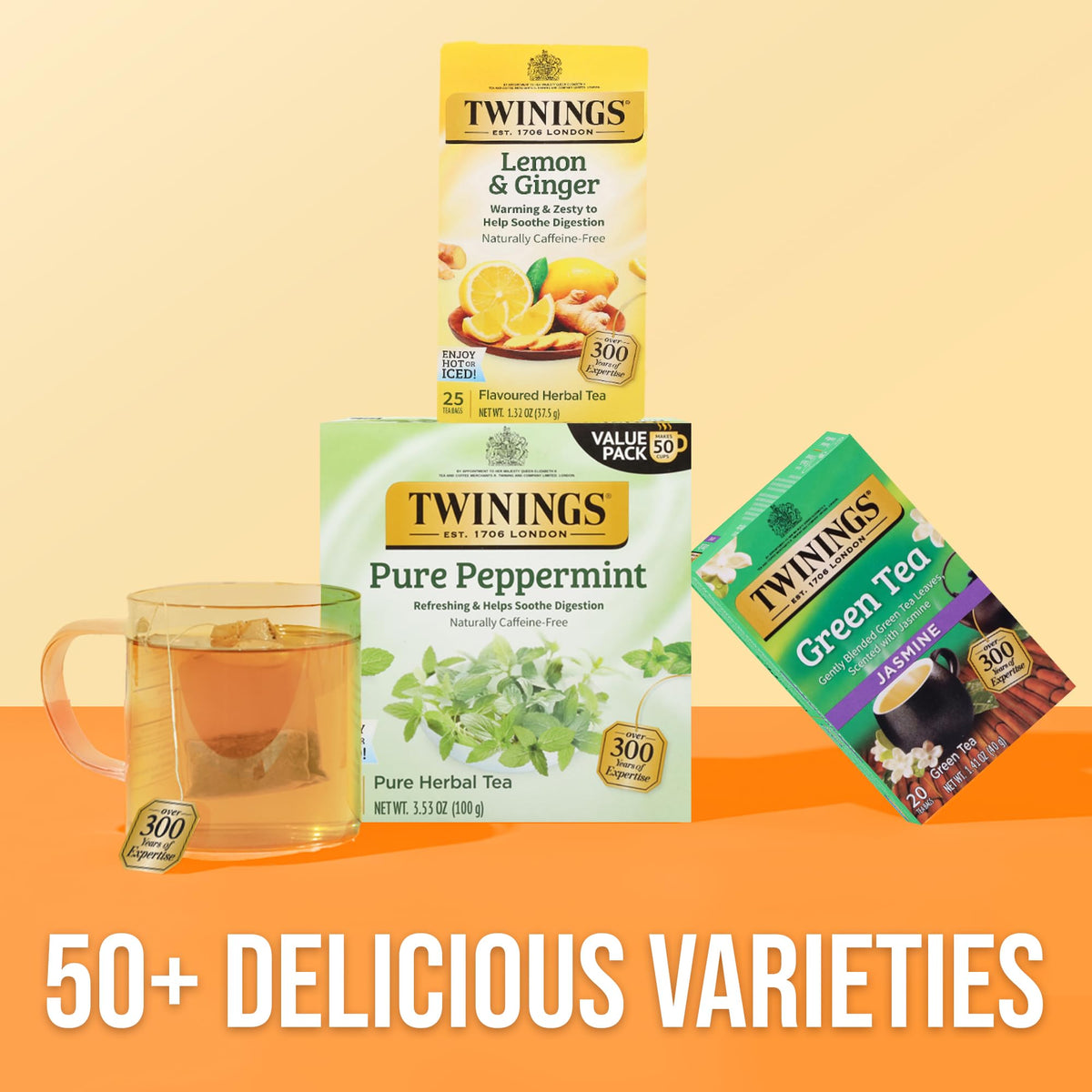 Twinings Lemon & Ginger Herbal Tea — Caffeine-Free, Individually Wrapped Bags (150 Bags, 6-Pack)
