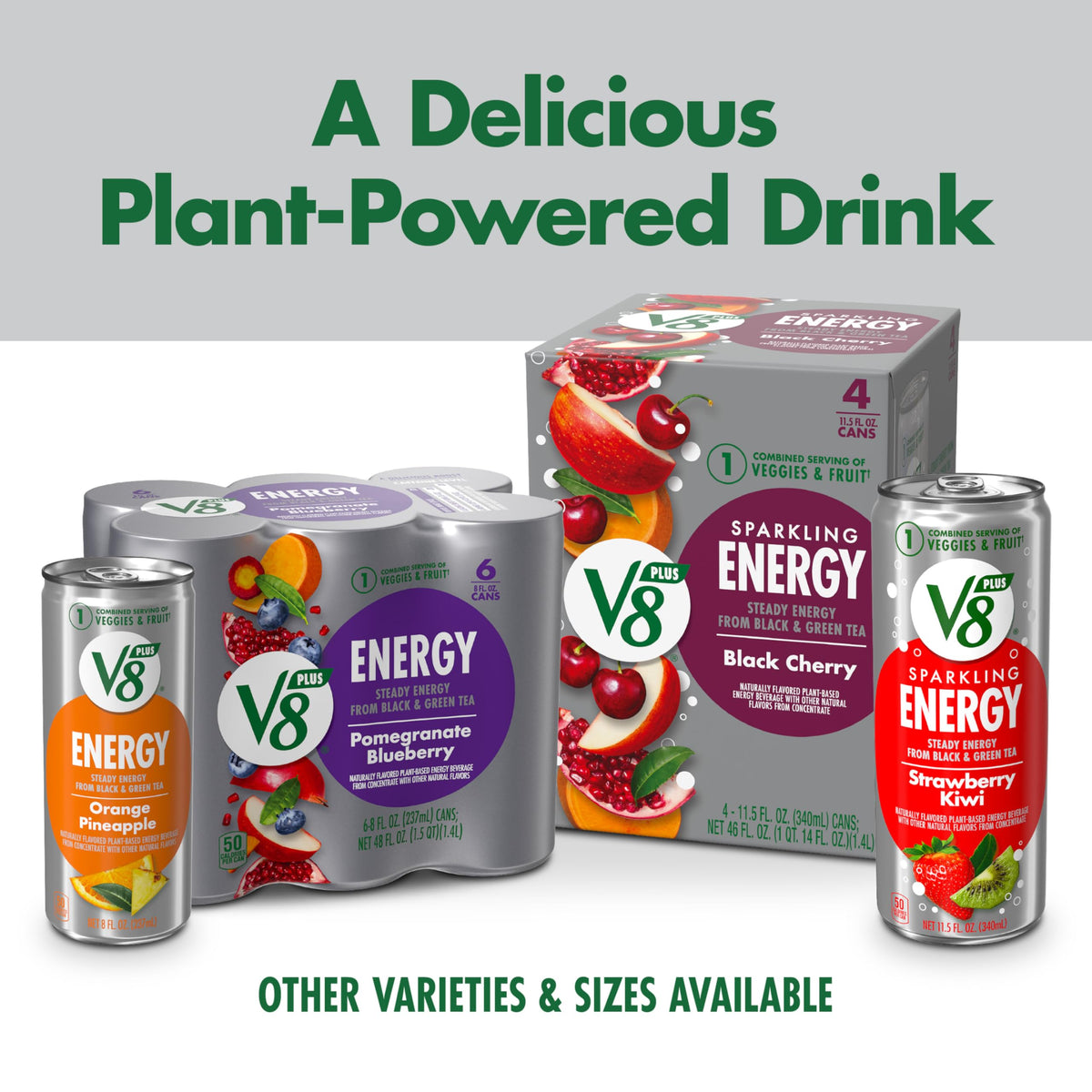 V8 +ENERGY Strawberry Kiwi Sparkling Juice Drink – 24-Count, 11.5 fl oz Cans