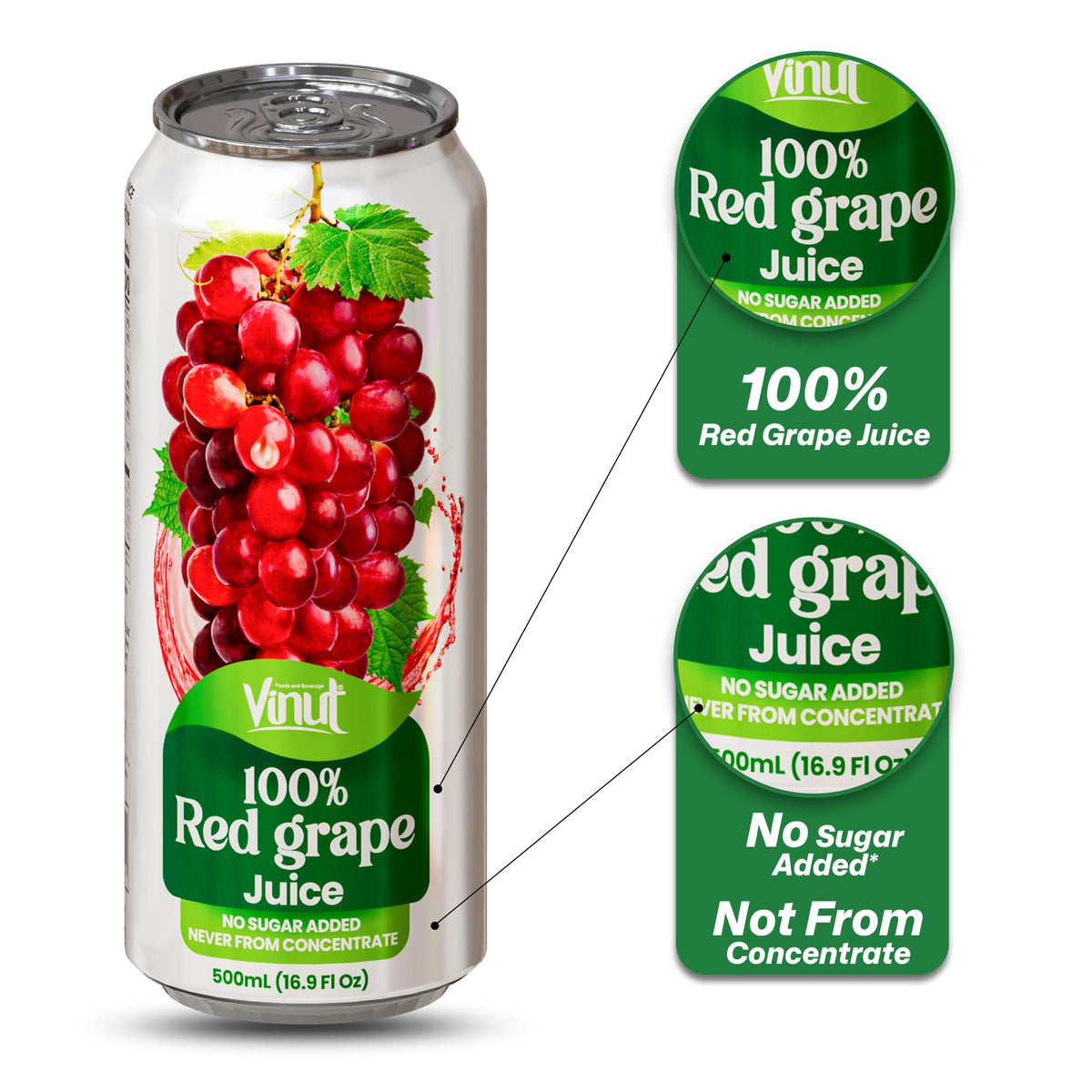 VINUT 100% Red Grape Juice – No Added Sugar, Not From Concentrate, 16.9 oz Can (Pack of 12)