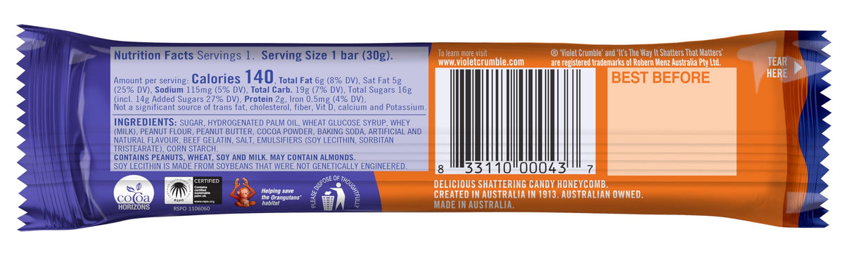 Violet Crumble Peanut Butter Bars – Crunchy Honeycomb, Creamy PB, 20 Count