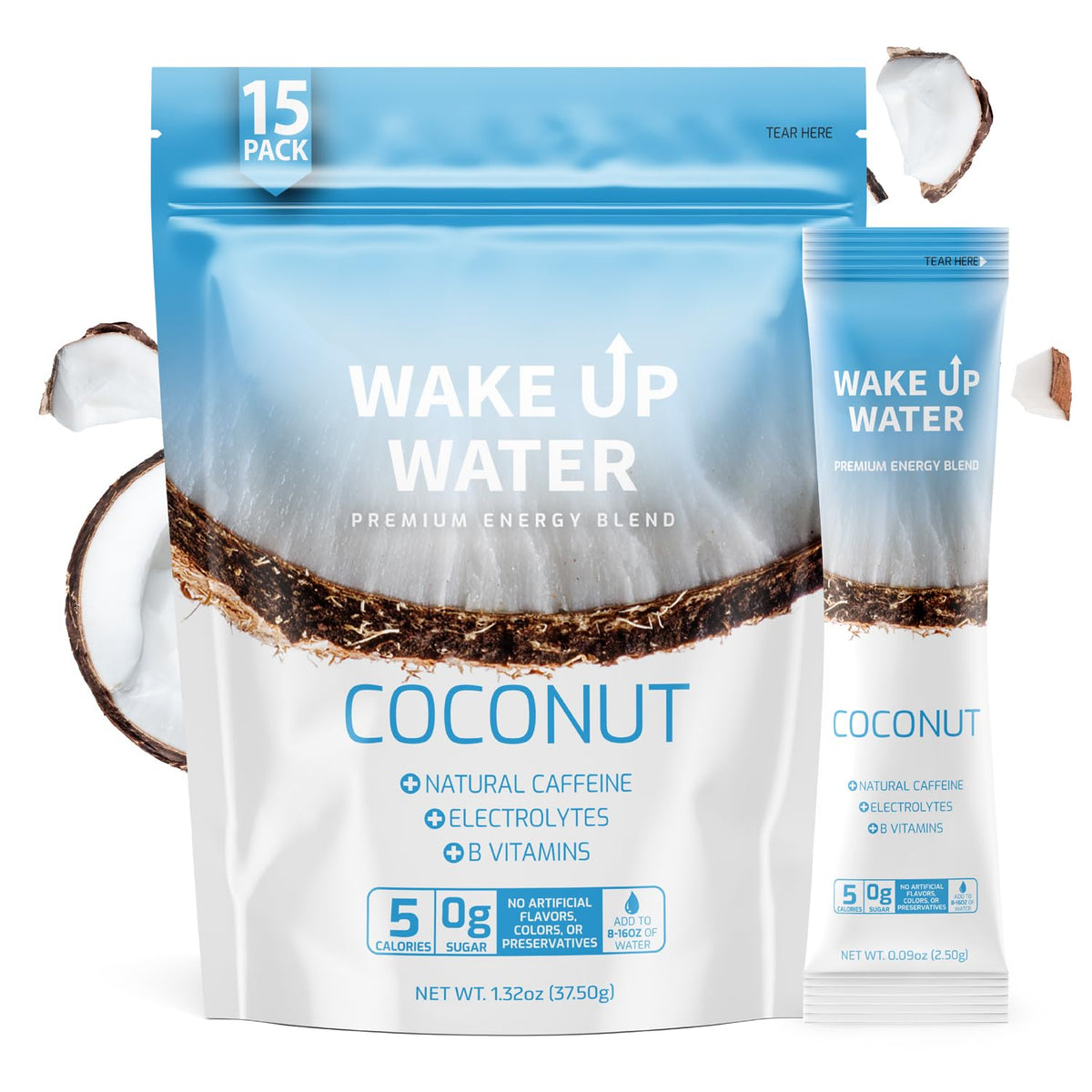 Wake Up Water Energy Drink Mix Coconut — Sugar Free, Electrolytes & Natural Caffeine (15 Pack)