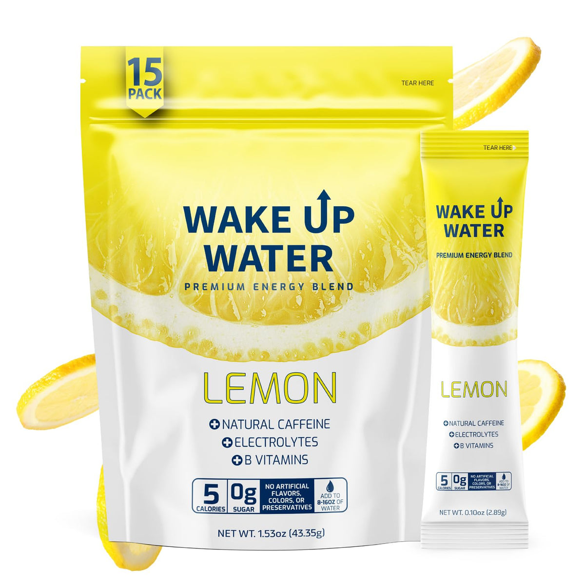 Wake Up Water Energy Drink Mix - Lemon, Sugar Free with Electrolytes & B Vitamins (15 Pack)