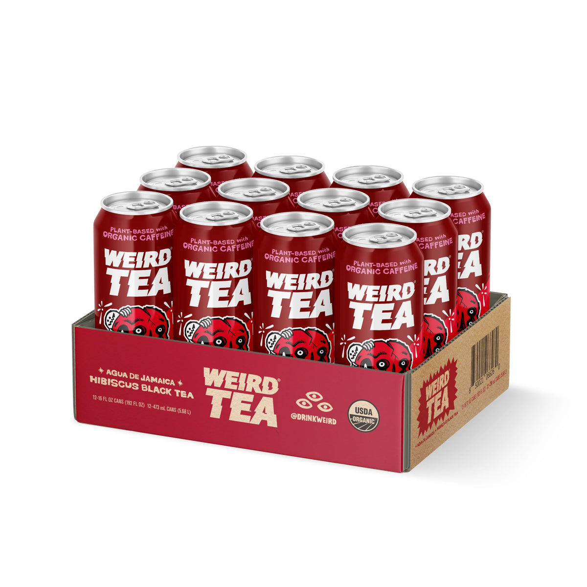 WEIRD Drink Weird Organic Agua de Jamaica Hibiscus Black Tea – 16oz Cans, 160mg Organic Caffeine, Pack of 12