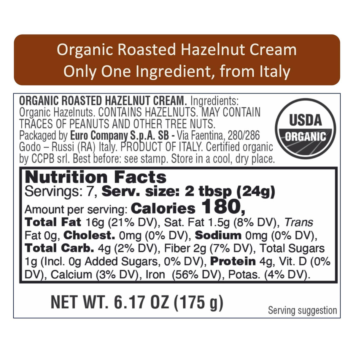 WellEatable Organic Hazelnut Cream – 100% Italian Hazelnuts, 6.2 oz
