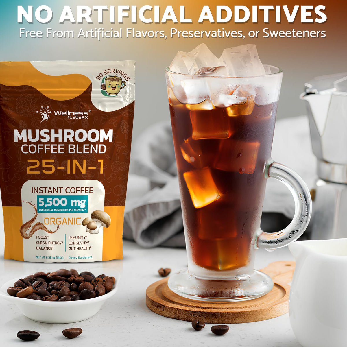 Mushroom Coffee Organic Instant 25-in-1 by WELLNESS LABSRX – Keto Friendly, Lion’s Mane, 90 Servings
