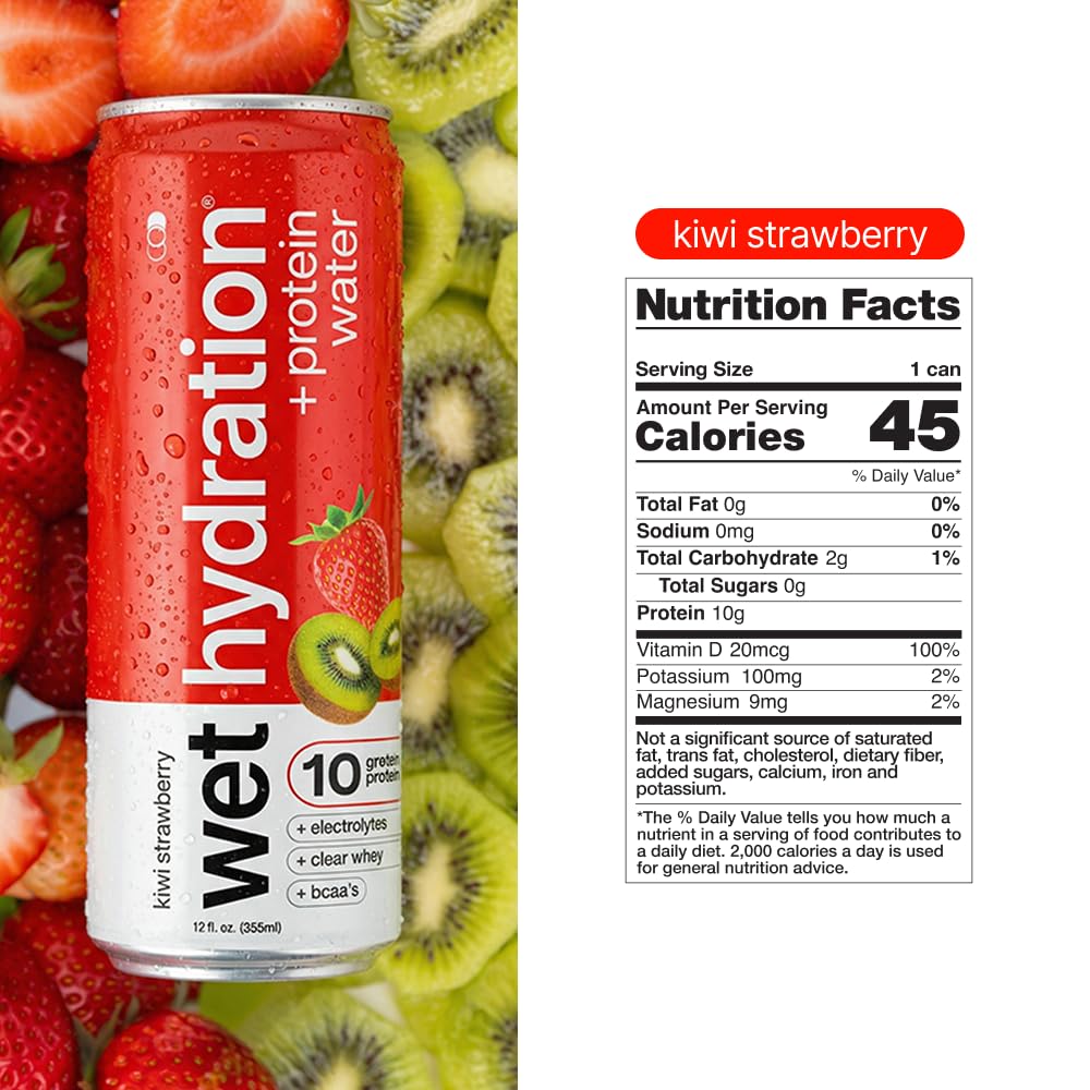 Wet Hydration Protein Water Kiwi Strawberry – 10g Clear Whey, Electrolytes, Zero Sugar | 12oz Cans, 12 Pack