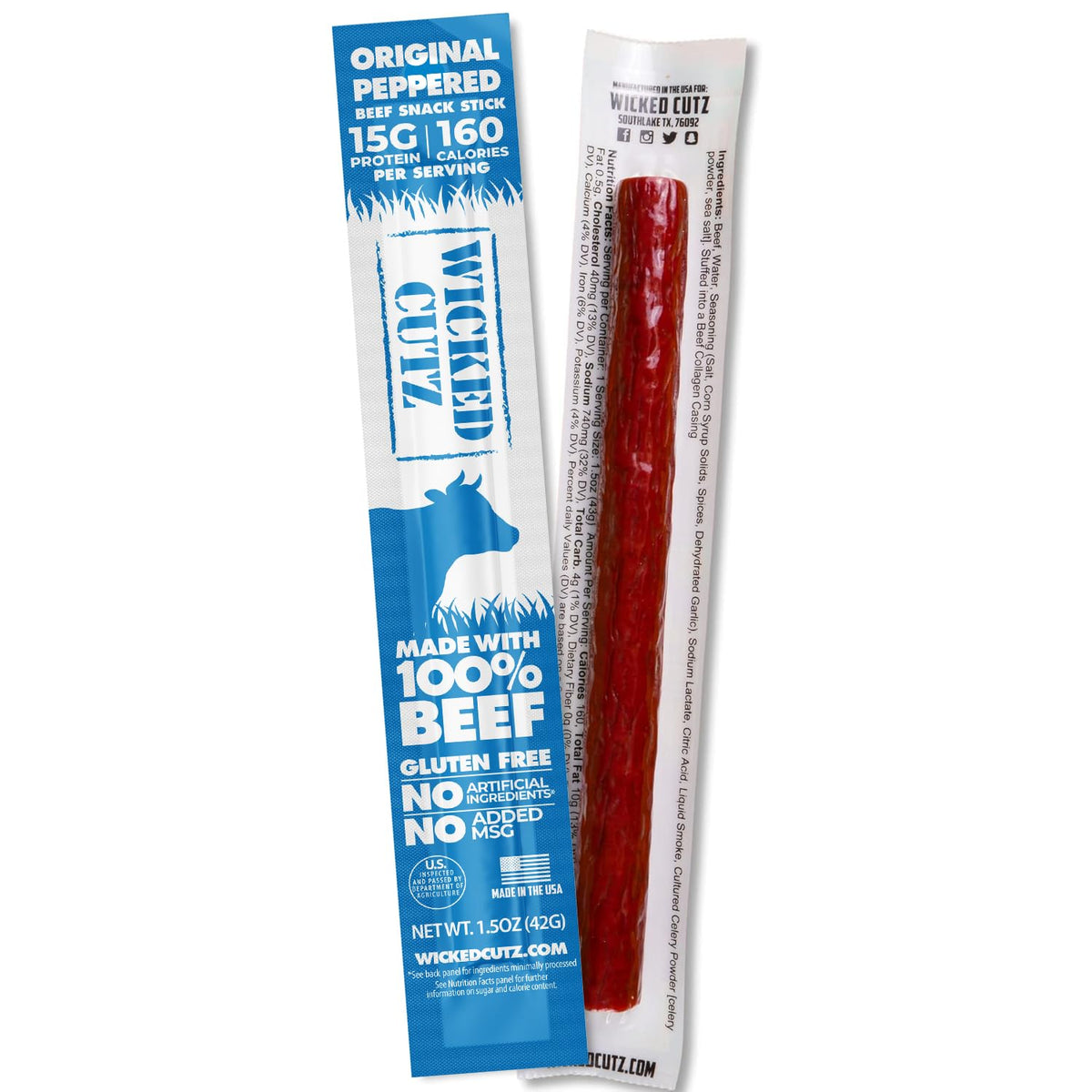 Wicked Cutz Original Peppered Beef Sticks – 15g Protein per Stick, USA Made, Extra Large Carnivore Snacks (12 Pack)