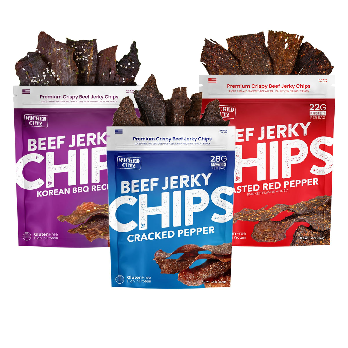 Wicked Cutz Roasted Red Pepper Beef Jerky Chips – 22g Protein, USA Made