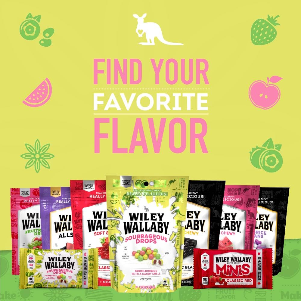 Wiley Wallaby Licorice Candy Bites 3.0 oz – Sourrageous Drops in Mini Bags, 18-Count