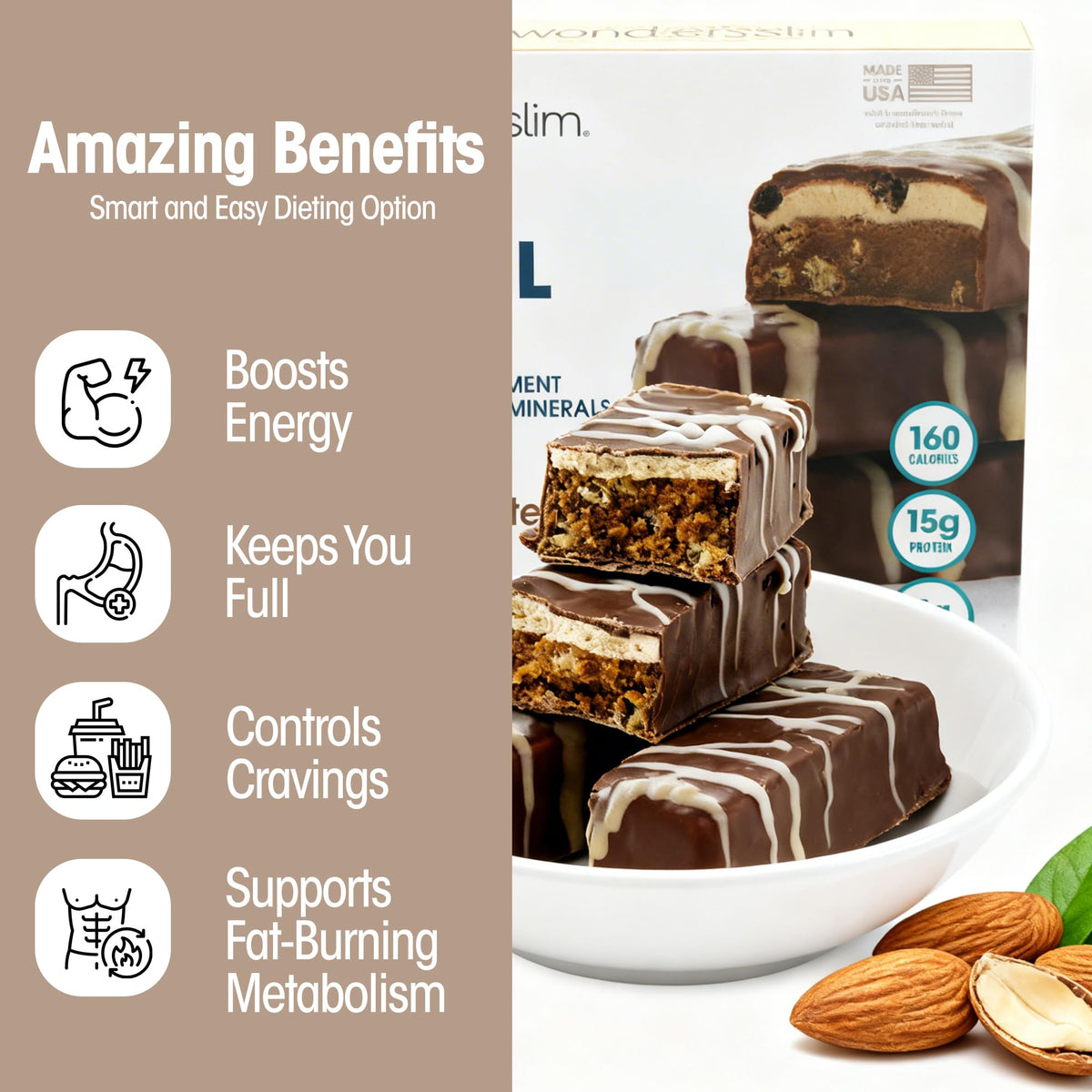 WonderSlim Meal Replacement Bar, Chocolate Almond - 15g Protein & 20 Vitamins (7ct)