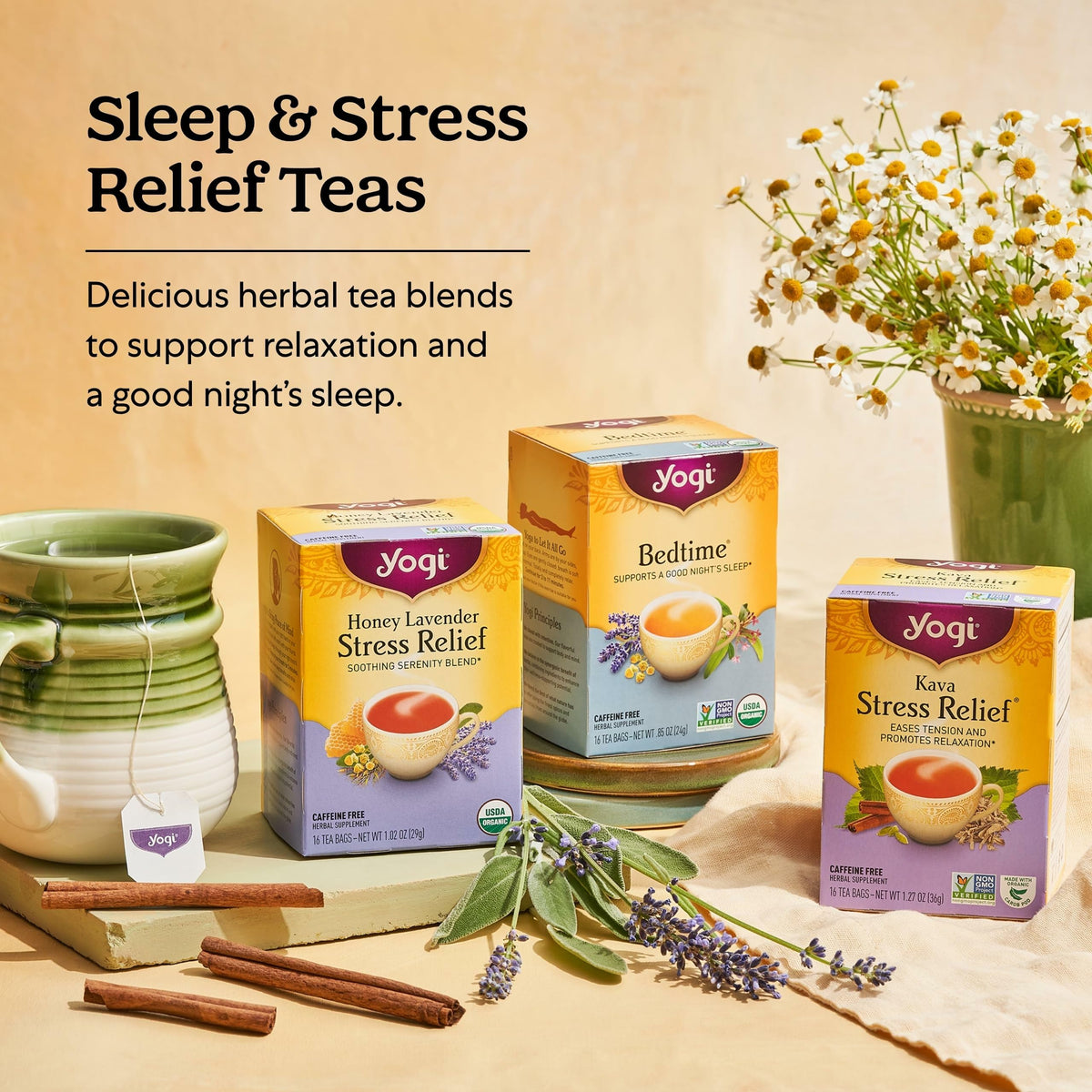 Yogi Stress Relief & Relaxation Tea Sampler — 16 Bags per Pack, 5 Packs (Organic, Caffeine-Free)