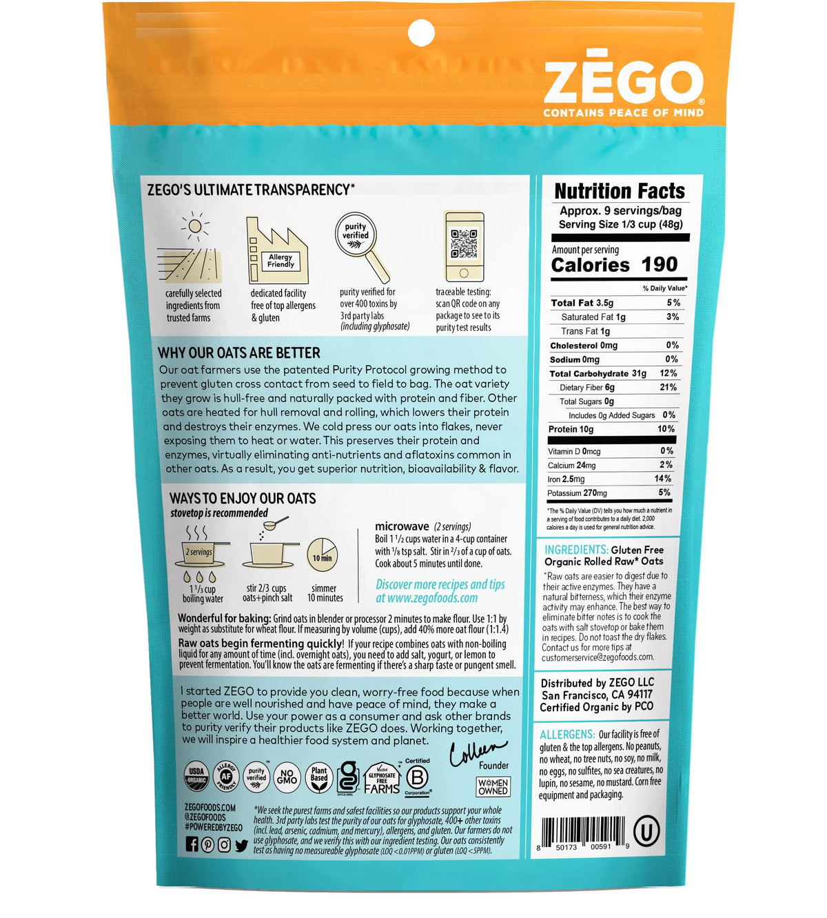 ZEGO Double Protein Raw Oats - Organic Gluten Free, Purity Protocol, Glyphosate Free | 14oz Bags x5 (70oz Total)