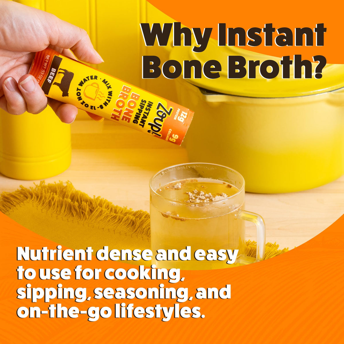 Zoup! Instant Sipping Bone Broth Mix – 12g Protein, Paleo & Keto Friendly, Non-GMO Beef To-Go Packets (10 x .53 oz)