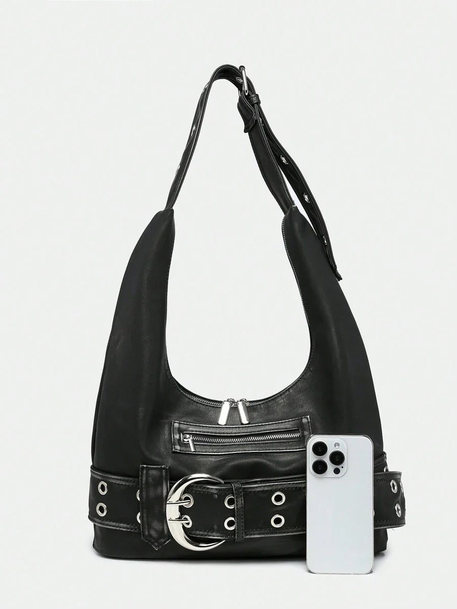 Multi-Strap Metal Decor Casual Distressed Faux Leather Shoulder Underarm Bag