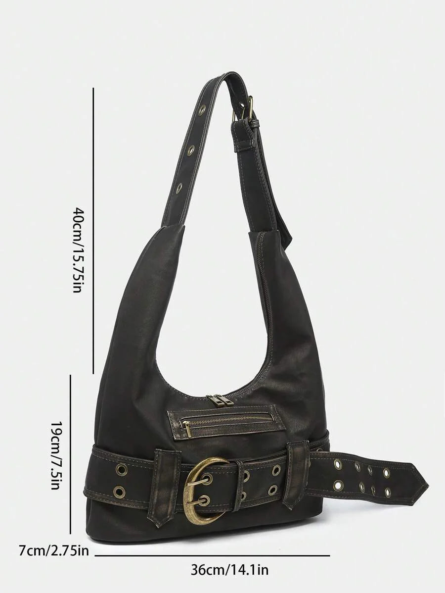Multi-Strap Metal Decor Casual Distressed Faux Leather Shoulder Underarm Bag