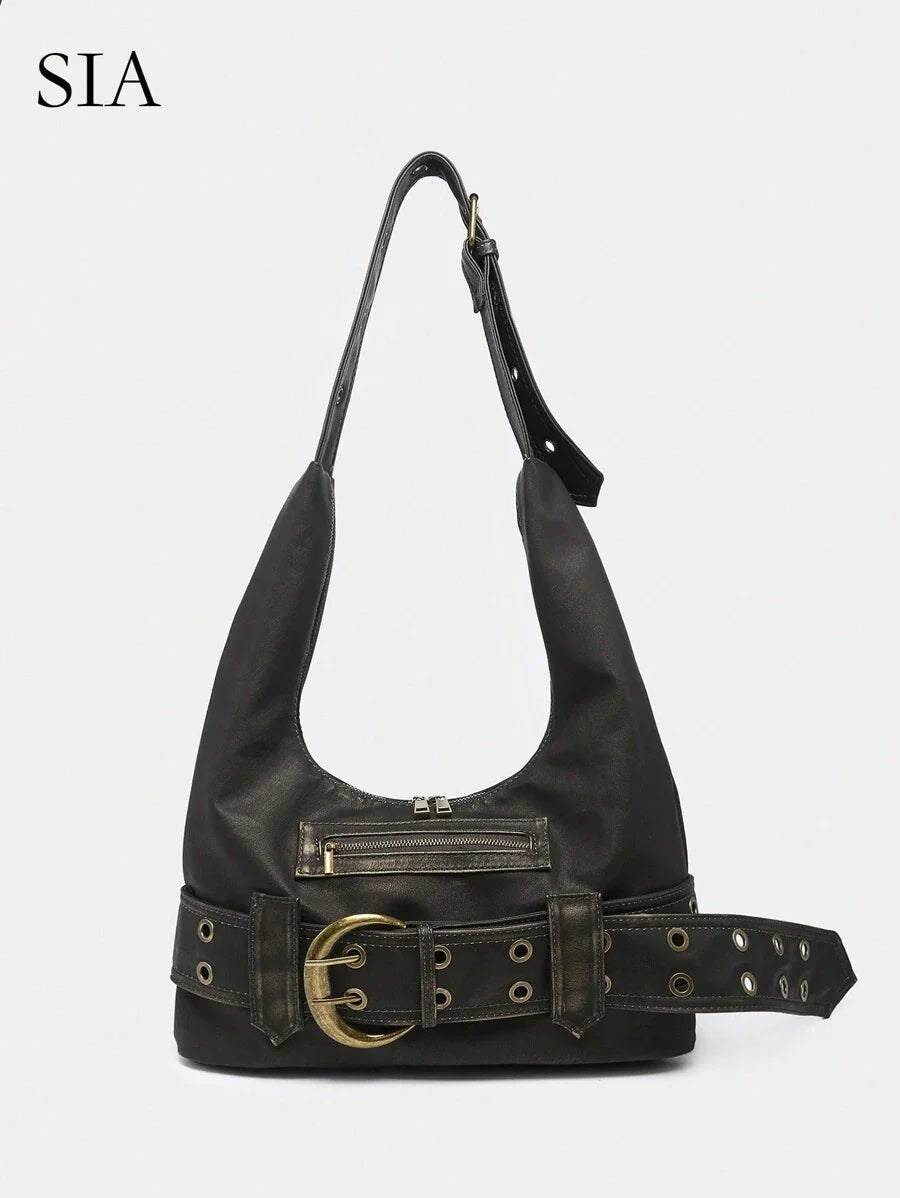 Multi-Strap Metal Decor Casual Distressed Faux Leather Shoulder Underarm Bag