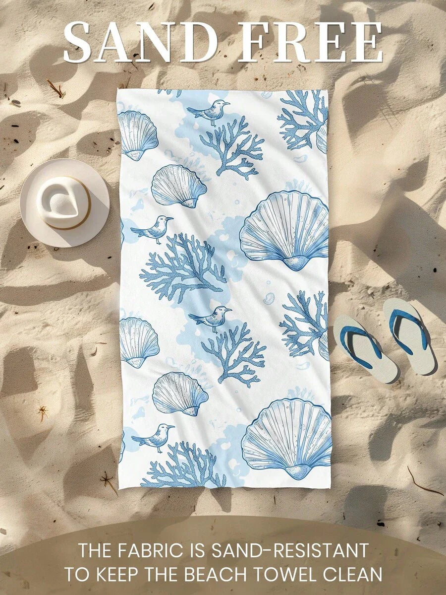 Blue Shell Print Beach Towel, Swimming Towel