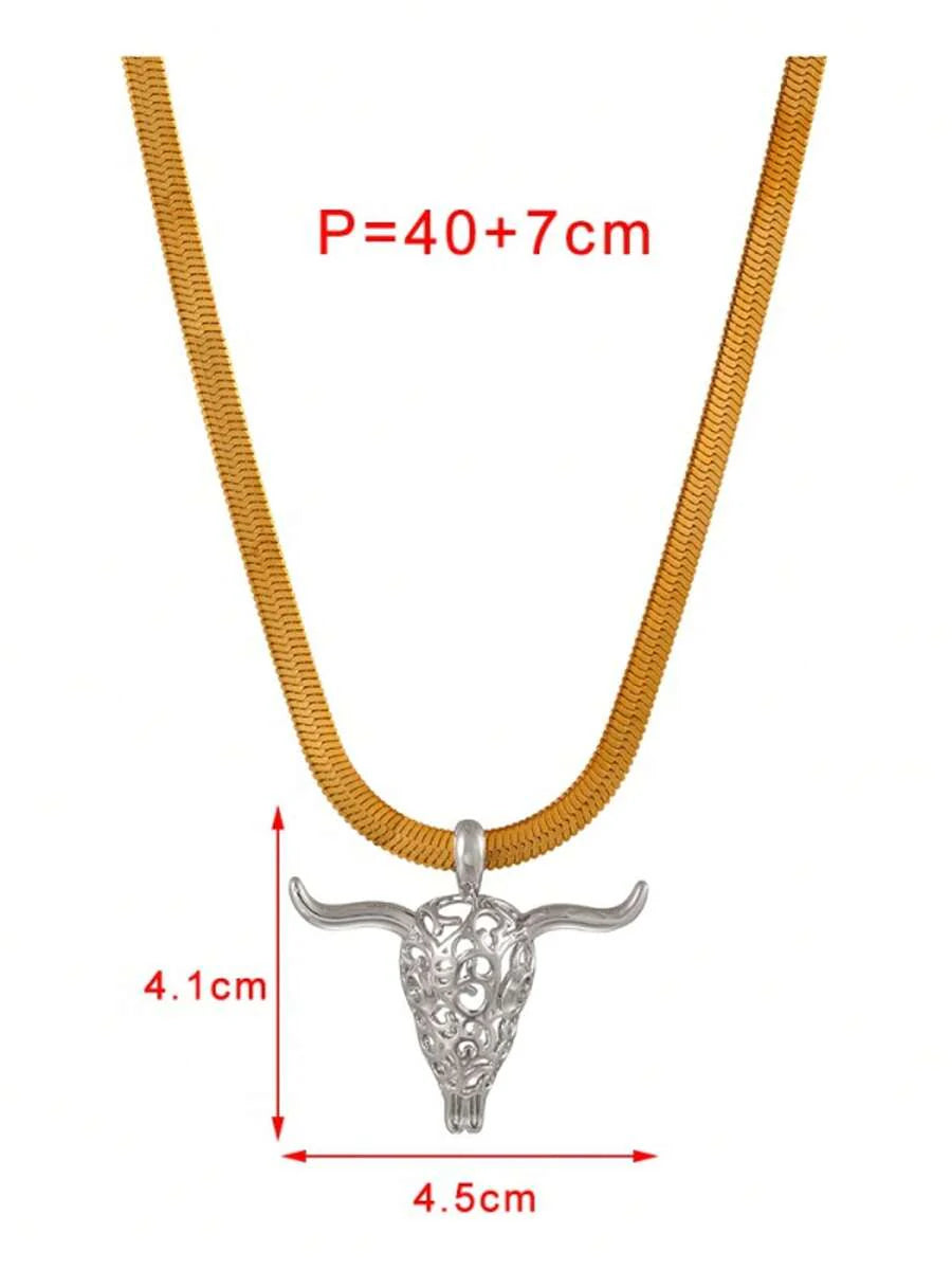 Unique Western Style Gold Copper Bead Horse Hoof Alloy Skull Bull Head Necklace