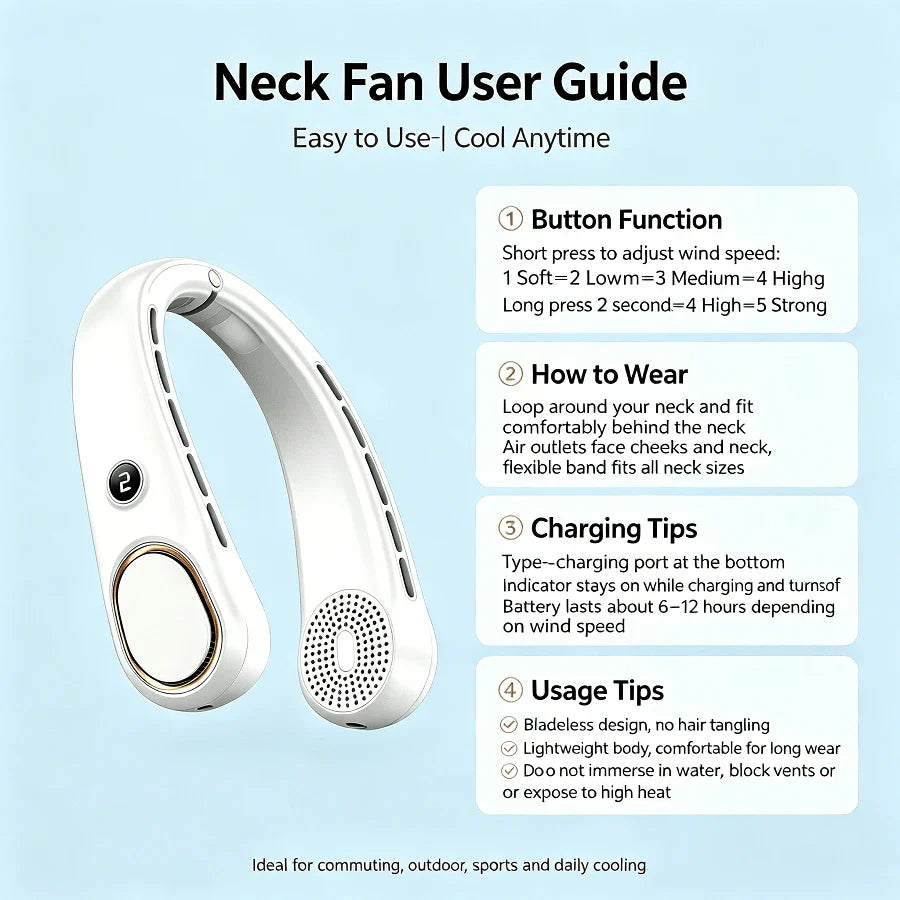 Hands-Free Bladeless Neck Fan Portable Rechargeable, 360° Cooling Neck Fan