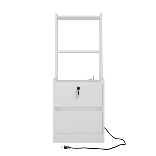 Set of 2 Modern Smart Nightstand with Night Light & Charging Station, Night Stand with Bookshelf, Lockable Bedside Cabinet Tables with 2 Storage Drawers for Bedroom Home Office - color: White-2pcs