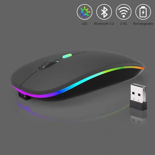 Guiheng Wireless Bluetooth Mouse,LED Dual Mode Rechargeable Silent Slim Laptop Mouse,Portable(BT5.2+USB Receiver) Dual Mode Computer Mice,for Laptop,Desktop Computer,ipad Tablet,Phone,TV (Grey) - color: grey