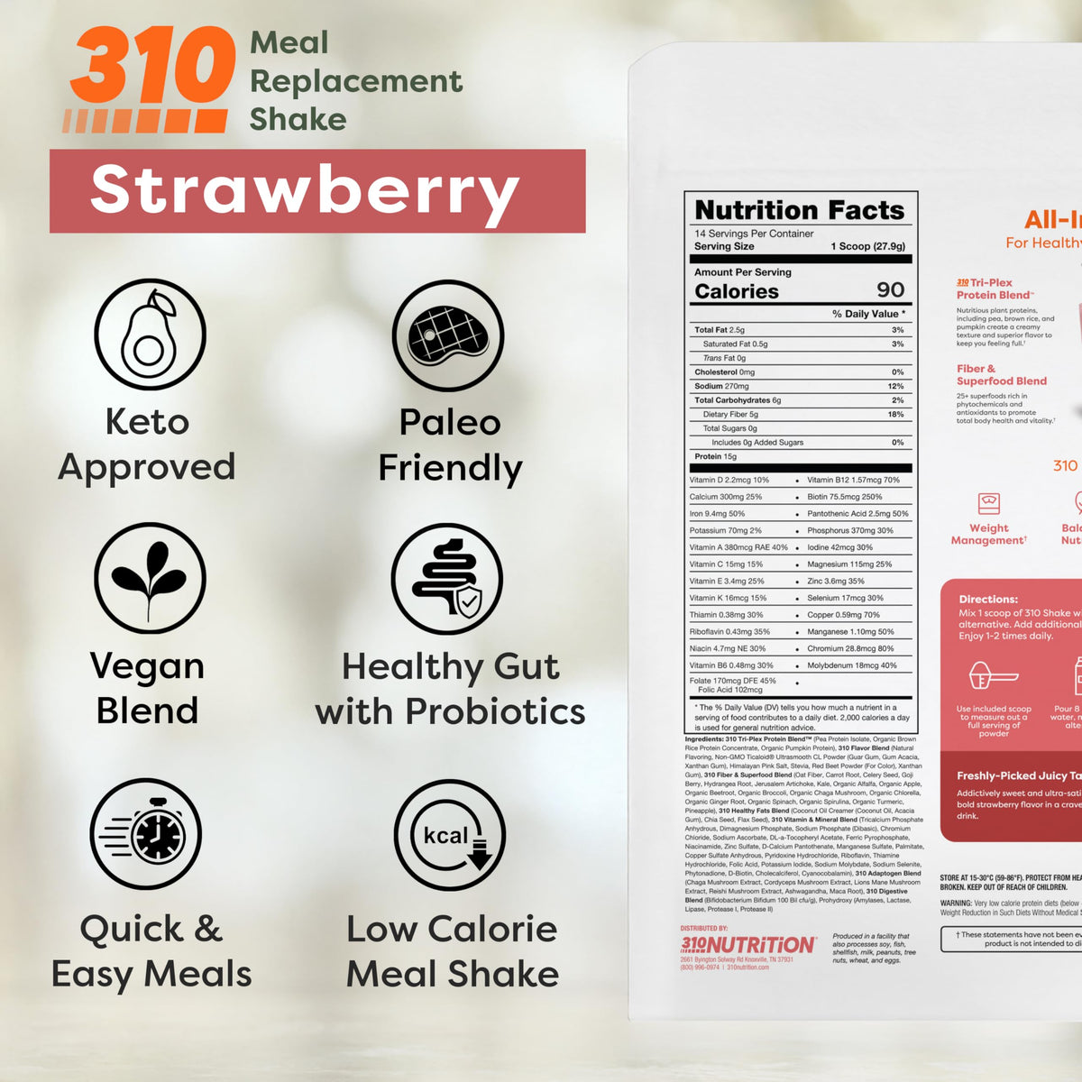 310 Nutrition All-In-One Plant-Based Meal Replacement Shake – Strawberry, 14 Servings