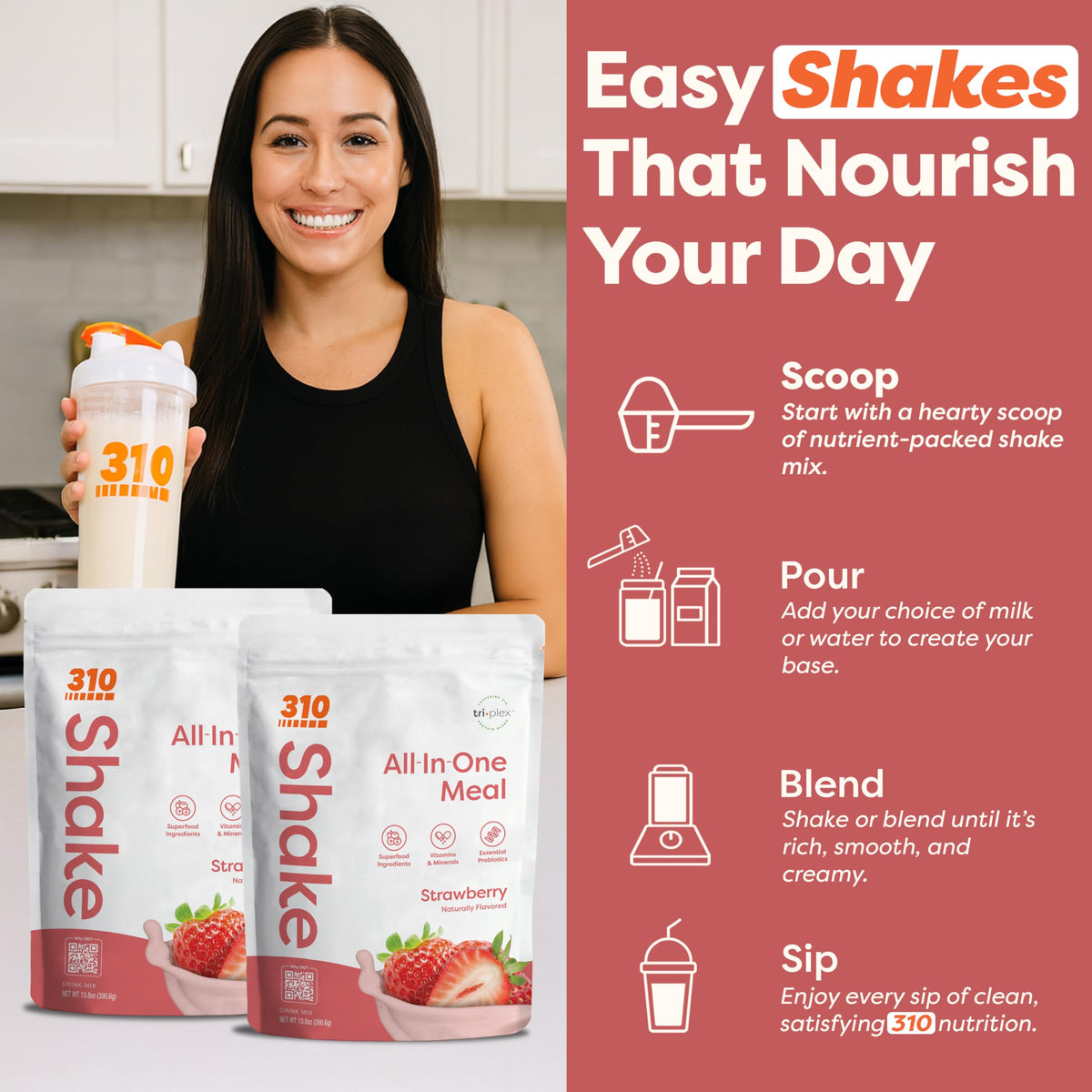 310 Nutrition All-In-One Plant-Based Meal Replacement Shake – Strawberry, 14 Servings