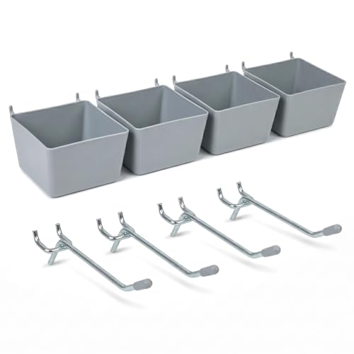 Pegboard Bins and Hooks Set, 4 Pack Open Front Storage Bins with 2 Inch Hooks, Fits 1/4" & 1/8" Pegboard, Heavy Duty Small Parts Organizer for Screws Nails Tools, Garage Workshop Wall Storage