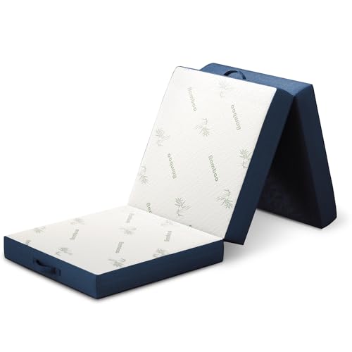 Cozzzi Trifold Foldable Mattress for Floor and Traveling with Removable Cover - Lightweight and Portable Foldable Mattress for Adults & Kids - Compact and Easy to Storage (75in x 25in x 4in) - size: Single (75in x 25in x 4in), style: Navy