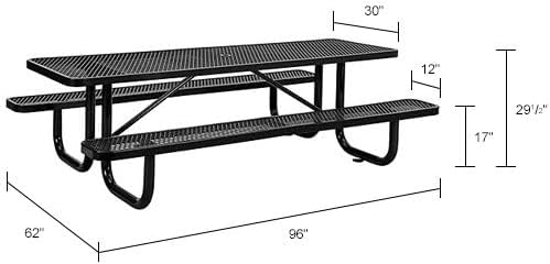 Global Industrial 8’L Rectangular Picnic Table, Expanded Metal, Black Thermoplastic Coating, Attached Benches, 1-1/2” Umbrella Pole Hole, Outdoor-Rated, 1000 lb Capacity, 96” x 30” Tabletop