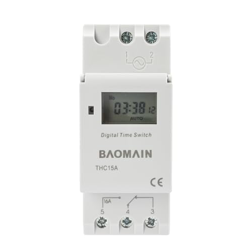 BAOMAIN THC15A AC 110V Digital Programmable Timer Switch,16A Weekly Relay | AC 110V Power Input with 16A Max Switch Capacity,Up To 240VAC,Supports 28 Weekly Settings. Din Rail Mount