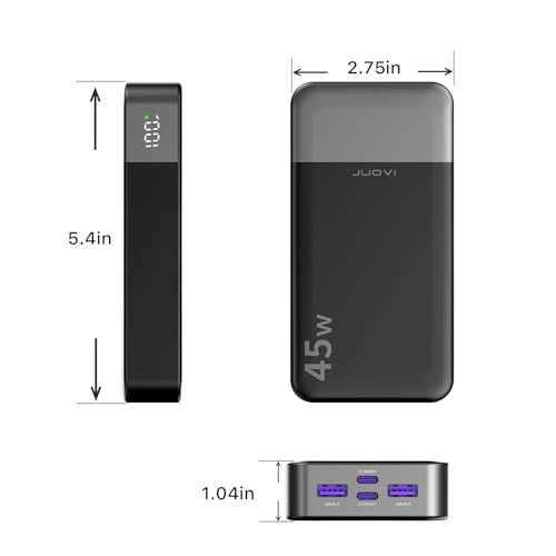 JUOVI Power Bank 45W 20000mAh Portable Charger USB C, PD QC Fast Charging 4-Port(2C+2A) External Battery Pack with LED Display, for iPhone 15 16 MacBook ipad | PD QC Fast Charging with 4 USB Ports(2C 2A), LED Display External Battery Pack for iPad Tablet