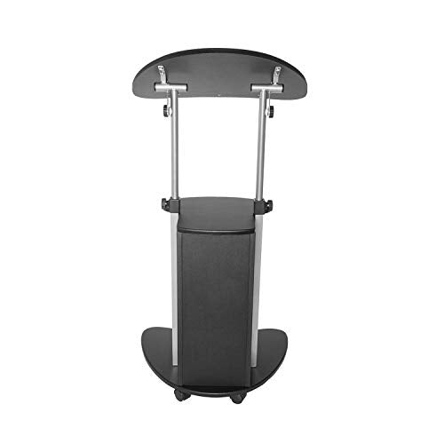 Techni Mobili Adjustable Height Rolling Laptop Cart with Storage, Black | Adjustable height rolling laptop cart with storage, open shelf, wheels, sit‑to‑stand ideal for podium office medical use - color: Black