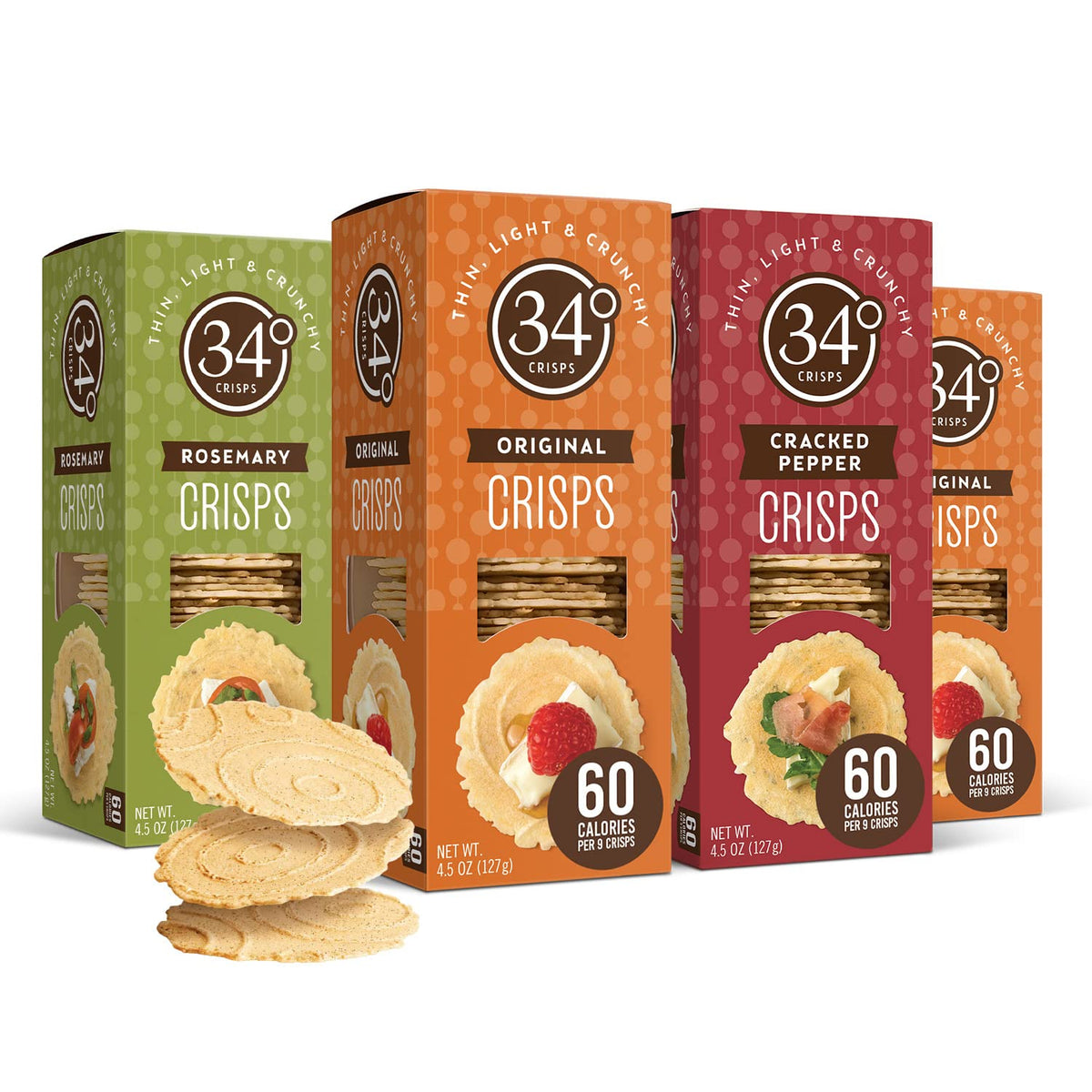 34 Degrees Entertaining Variety Pack Crisps – 4-Pack (2 Original, 1 Cracked Pepper, 1 Rosemary) | Thin, Light & Crunchy