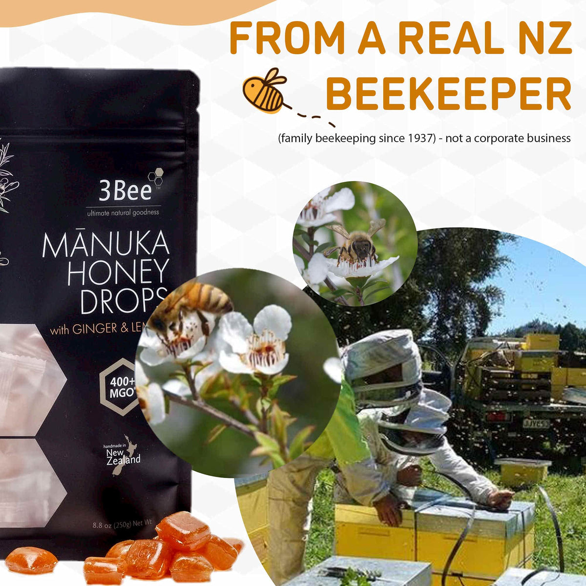 3Bee Manuka Honey Drops 400+ MGO with Ginger & Lemon – Gluten Free
